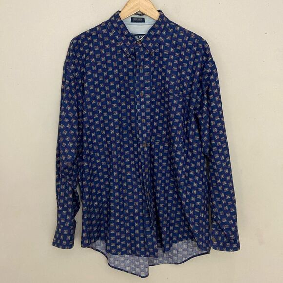 Chaps Ralph Lauren Men's 90's Blue Printed Cotton Button Down Shirt XL Casual - Picture 1 of 15